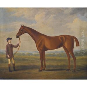 A Chestnut Racehorse Held By A Stable Boy In A Landscape