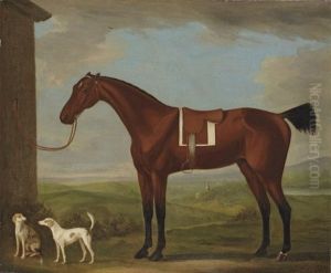 A Saddled Bay Hunter Tethered To A Wall, With Two Hounds, A Church In The Landscape Beyond by Francis Sartorius