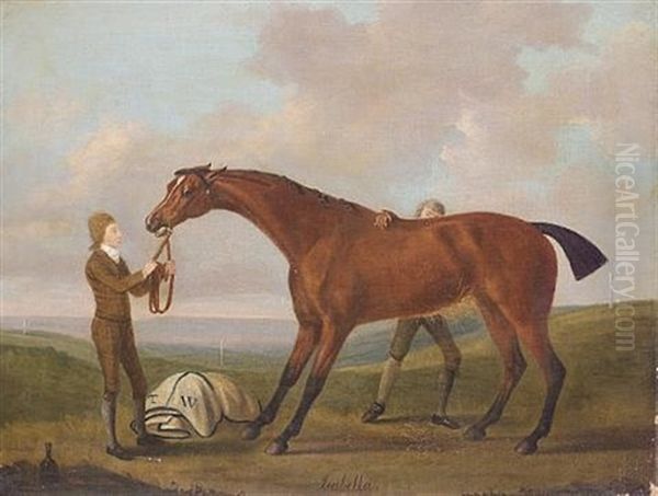 "isabella" A Bay Racehorse Being Rubbed Down, Held By A Groom, On A Heath - view 1