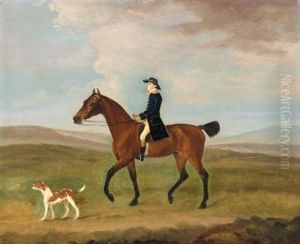 A Liveried Groom Exercising A Bay Hunter Accompanied By A Dog by Francis Sartorius