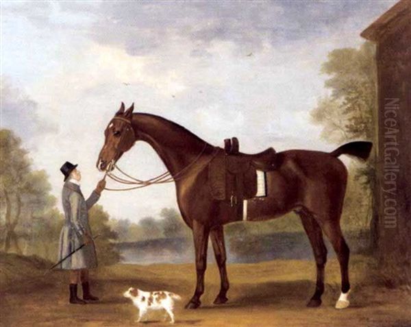 A Groom Holding A Bay Hunter Near A Lake - view 1