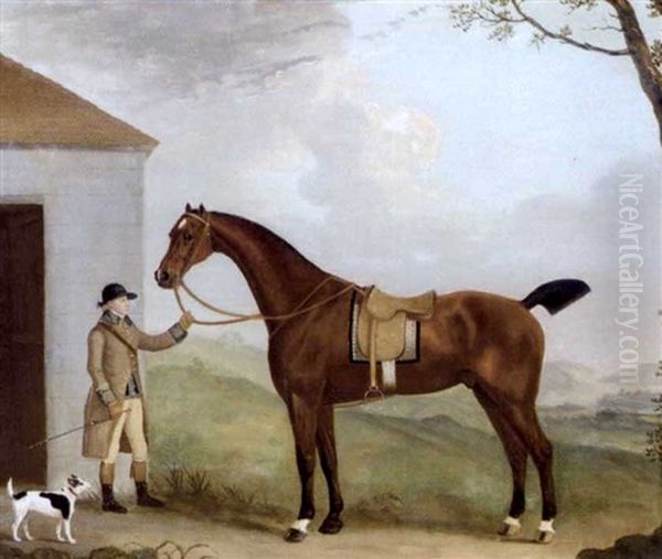 A Chestnut Hunter Held By A Groom - view 1