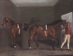 A Stable Interior With The Racehorses "traveller" And "atlas" Held By A Groom
