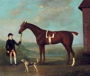 "red-rose", A Bay Hunter, Held By A Groom, With A Hound In A Landscape "red-rose", A Bay Hunter, Held By A Groom, With A Hound In A Landscape