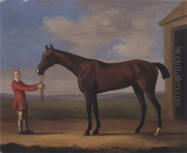 Sir Patrick Blake's Sir Anthony Held By A Groom By A Stable In A Landscape - view 1