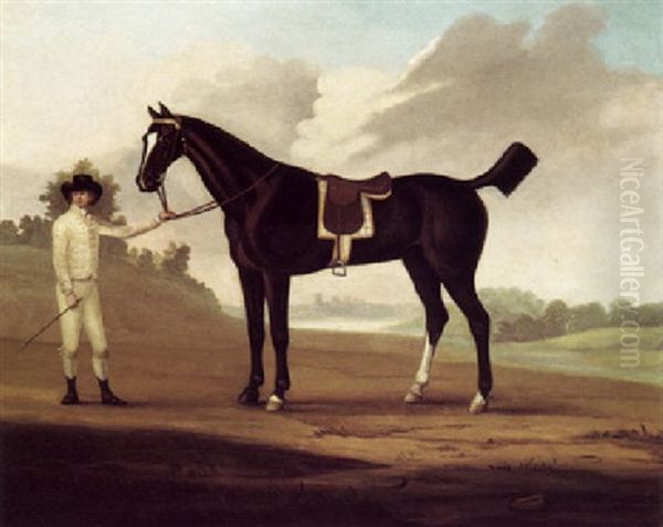 Firetail, A Bay Hunter Held By A Groom In A Landscape - view 1
