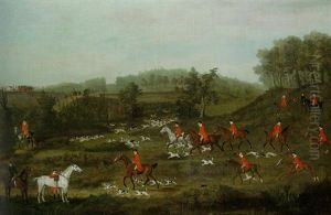 A Hunt In A Wooded Landscape, With A Fortified House And A Church Beyond by Francis Sartorius