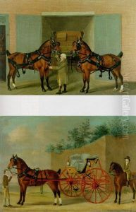 Harnessed Carriage Horses With A Groom Outside A Coachhouse