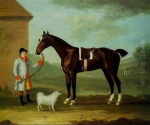 "fox", A Favourite Dark Bay With Four White Socks, Standing Saddled And Held By A Groom by Francis Sartorius