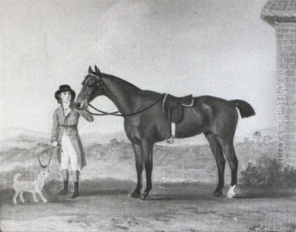 A Gentleman With A Chestnut Hunter And A Terrier, Standing  Beside A Stable, In A Landscape - view 1