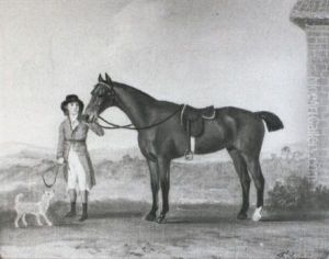 A Gentleman With A Chestnut Hunter And A Terrier, Standing Beside A Stable, In A Landscape by Francis Sartorius