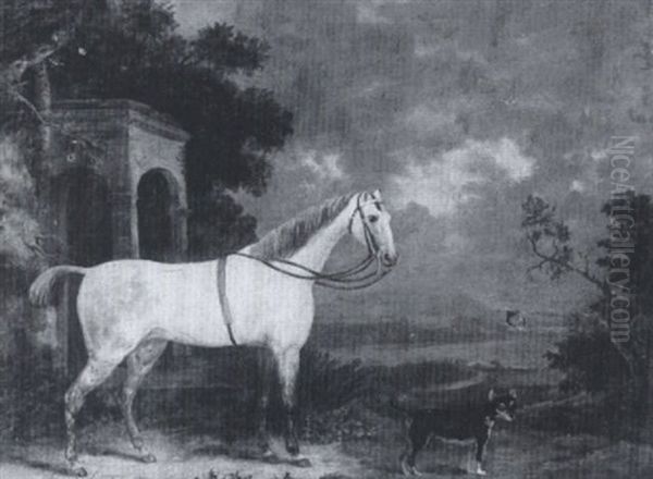 A Grey Hunter With A Terrier In A Landscape - view 1