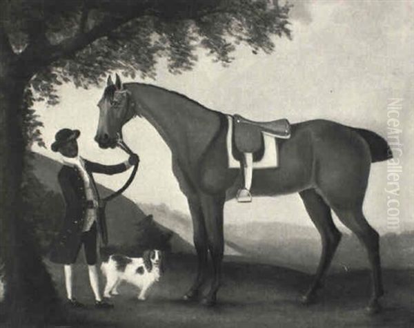 A Saddled Hunter Held By A Groom With A Terrior - view 1