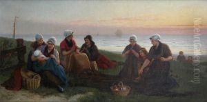 De Nettenmaaksters Op Het Strand Met Zeilschepen Op De Achtergrond by Henri Jacques Bource