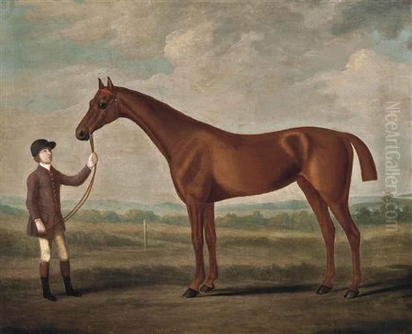 A Chestnut Racehorse And Groom - view 1