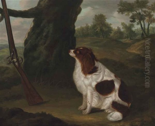 A Spaniel And A Rifle In A Landscape - view 1