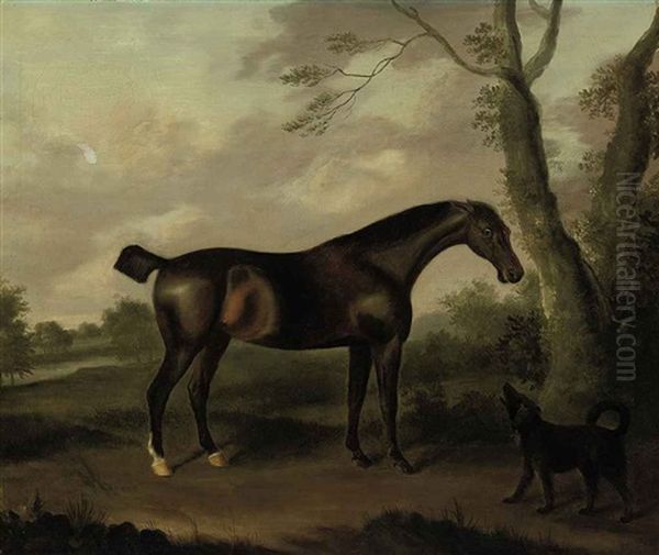A Bay Hunter In A Landscape With A Dog - view 1