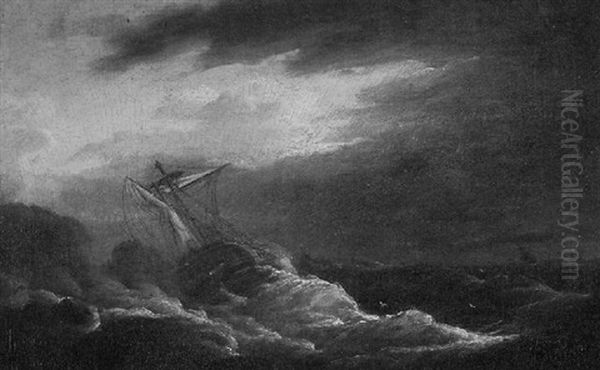 A Frigate In Distress Off A Rocky Coast - view 1