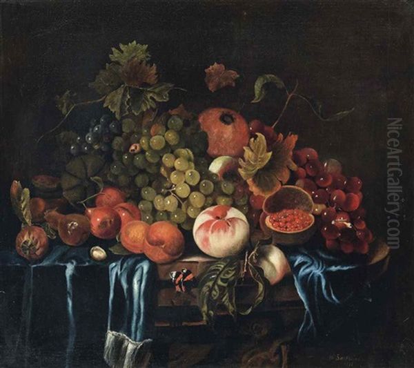 Peaches, Pears, Grapes And Pomegranates On A Draped Ledge With A Butterfly - view 1