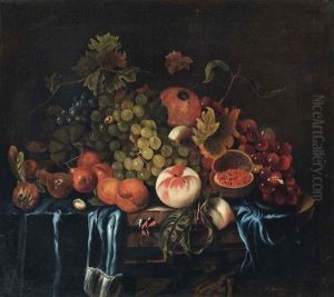 Peaches, Pears, Grapes And Pomegranates On A Draped Ledge With A Butterfly by George William Sartorius