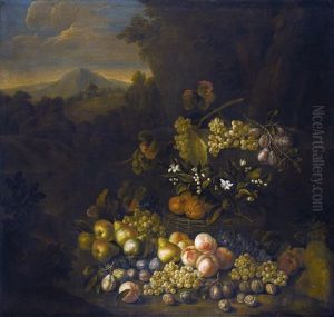 Still Life Of Flowers And Fruit, In A Basket, A Landscape Beyond by George William Sartorius