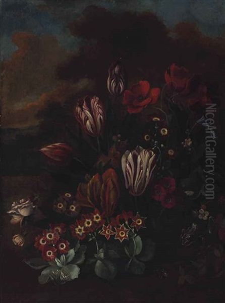 Sill Life With Tulips, And Other Flowers With A Frog And A Forest Floor - view 1