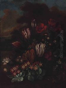 Sill Life With Tulips, And Other Flowers With A Frog And A Forest Floor by George William Sartorius