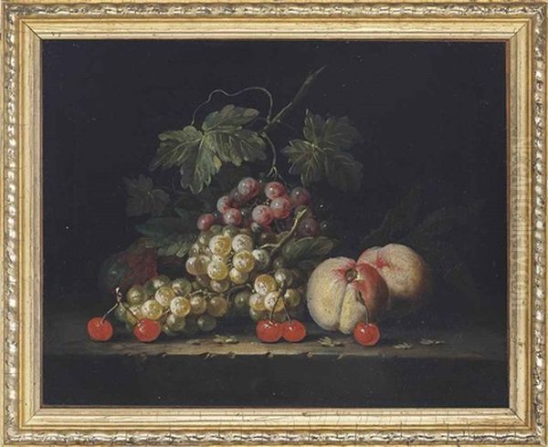 Grapes, Peaches And Cherries On A Stone Ledge - view 1