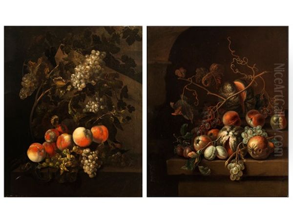 Paar Fruchtestilleben Mit Pfirsichen Und Trauben (pair) - view 1