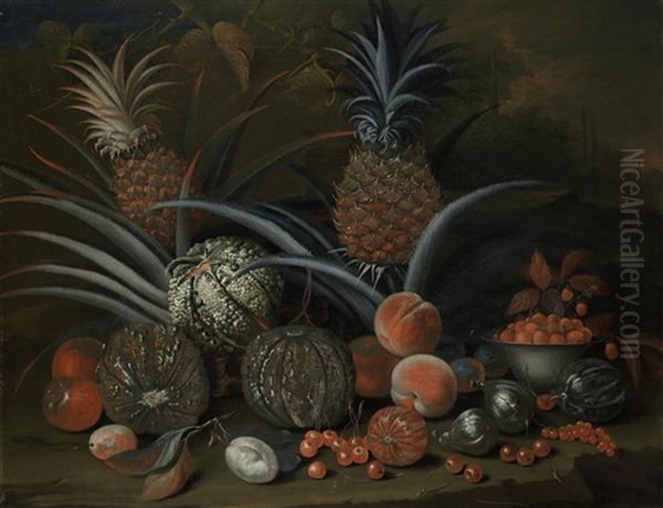 Strawberries In A Porcelain Bowl, With Pineapples, Melons, Peaches And Figs, Before A Tropical Landscape - view 1