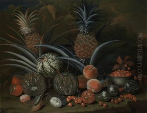 Strawberries In A Porcelain Bowl, With Pineapples, Melons, Peaches And Figs, Before A Tropical Landscape