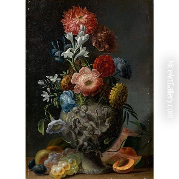 Bouquet De Fleurs Dans Un Vase Sculpte De Putti - view 1