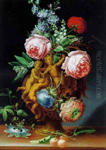 Blumenstraus Von Rosen Und Anderen Bluten In Einer Skulptierten Prunkvase by Johann (or Jakob) Christopher Sartorius