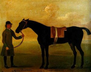 The Bay Racehorse Merry Bachelor Standing With A Groom by John Sartorius
