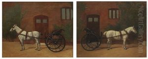Single White Horse Hitched To A Jaunting Cart Before A Red Brick Building (2 Works) by John Francis Sartorius
