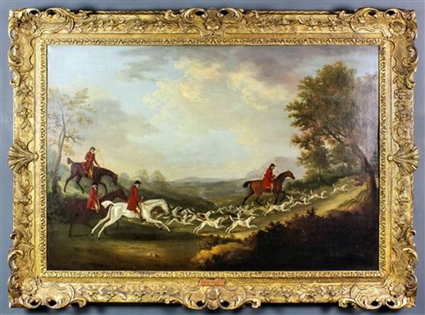 Rural Landscape With Four Huntsman On Horseback And Pack Of Hounds On Track - view 1