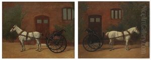 Two Works: Both Of A Single White Horse Hitched To A Jaunting Cart Before A Red Brick Building, Left And Right Facing by John Francis Sartorius
