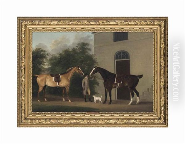 A Gentleman With Two Hunters And A Terrier, Outside A House - view 1