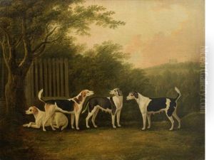 A Pair Of Hounds And A Pair Of Bitches In A Landscape With A Castle Beyond by John Nost Sartorius