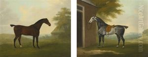 A Dappled Grey Hunter Tethered To A Stable And A Dark Bay Hunter In A Landscape (pair) by John Nost Sartorius