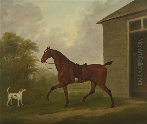 A Saddled Bay Hunter With A Foxhound, Outside A Stable - view 1