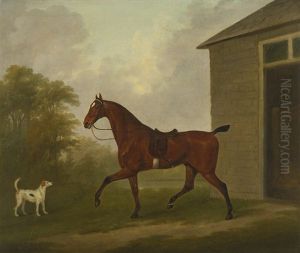 A Saddled Bay Hunter With A Foxhound, Outside A Stable