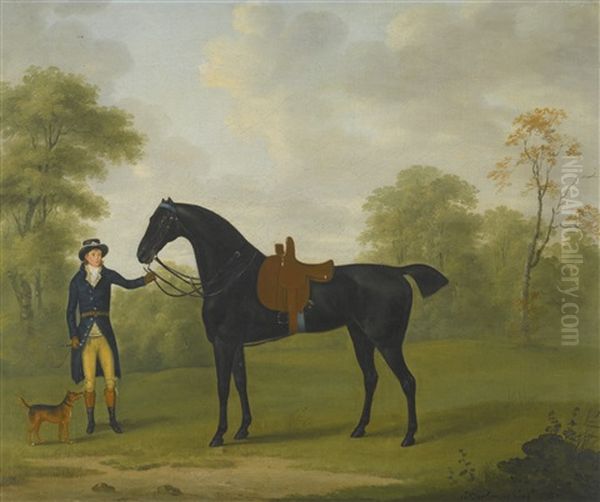 A Lady's Saddled Bay Hunter, Held By A Groom - view 1