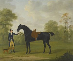 A Lady's Saddled Bay Hunter, Held By A Groom