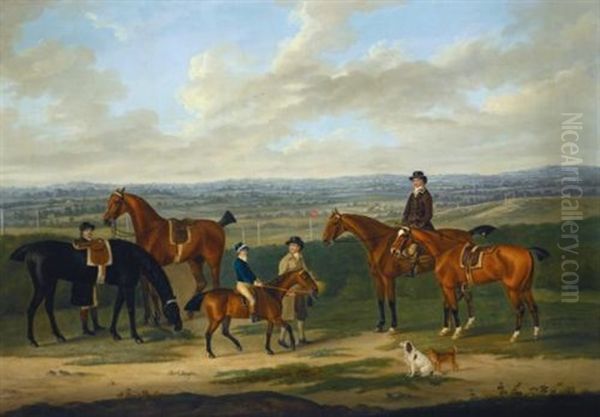 Joining The Elders; A Bay Pony Led By A Groom With A Boy In Racing Silks Up, Together With Four Horses And Two Riders, One Up, A Racecourse Beyond - view 1