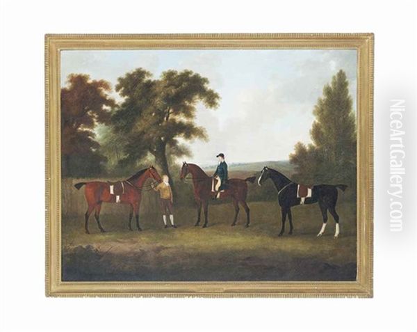 Three Hunters In A Wooded Landscape, With A Huntsman And A Groom - view 1