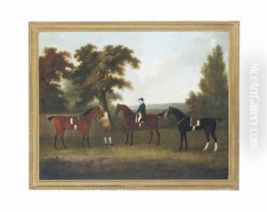 Three Hunters In A Wooded Landscape, With A Huntsman And A Groom