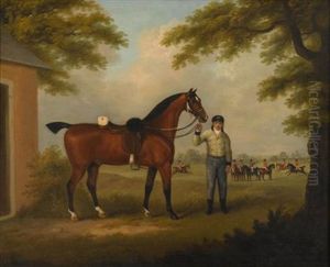 The Charger Of An Officer Of Yeomanry Held By A Groom In Stable Dress With Members Of The Troop In The Background by John Nost Sartorius