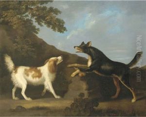 Terrier Guarding A Bone From A Spaniel In A Landscape by John Nost Sartorius