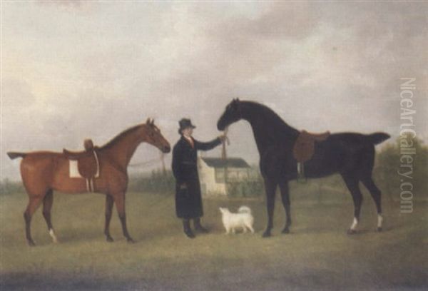 A Groom Holding A Lady And Gentleman's Hunters In A Landscape - view 1